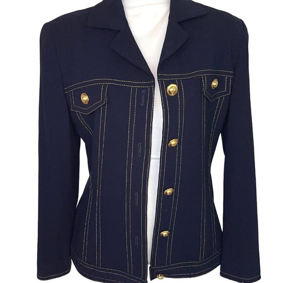 Anne Klein Womens Wool Jacket Navy Blue Size 8 Vintage Crepe Gold Buttons Lined - Picture 6 of 12